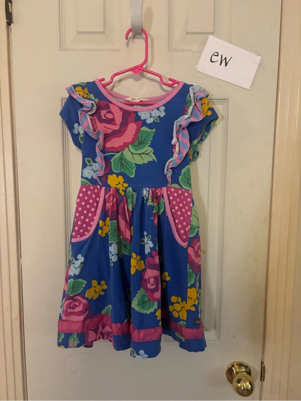 Matilda Jane Bright Blue Floral Ruffle Dress with Pink Accents